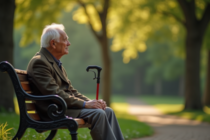 Homme âgé assis paisiblement sur un banc dans un parc