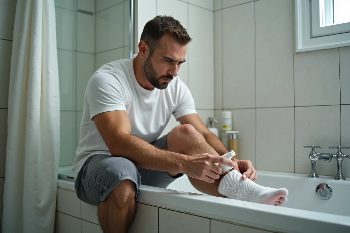 Homme appliquant un spray antifongique sur son pied dans la salle de bain