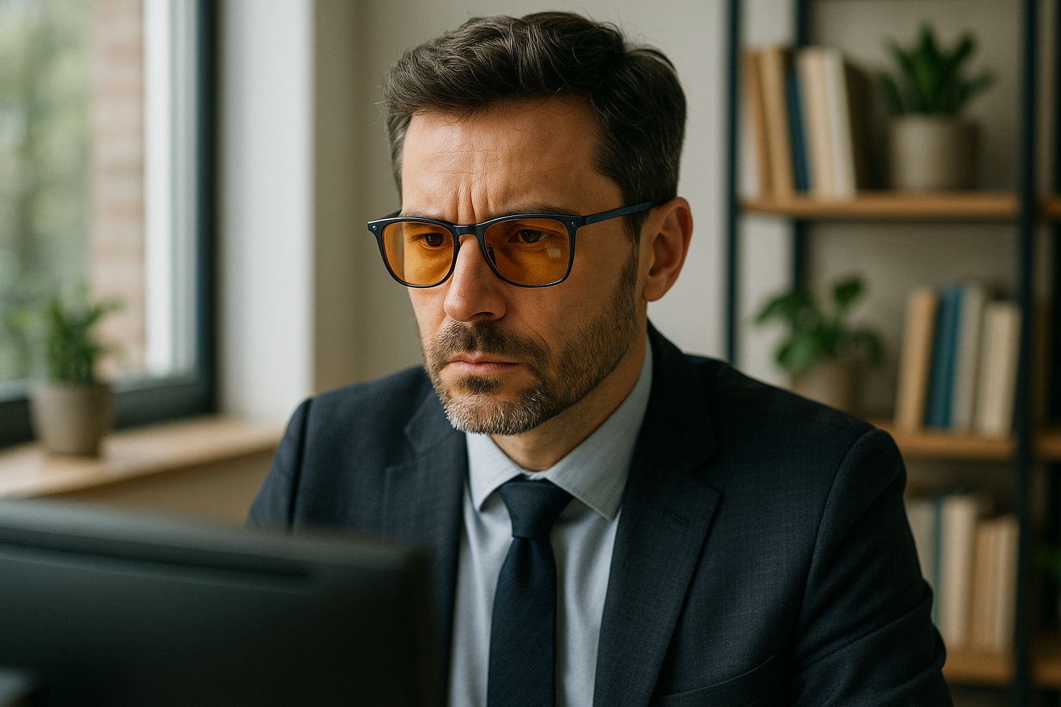 Homme concentré au bureau portant lunettes anti-lumiere bleue