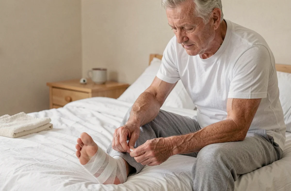 Homme âgé appliquant une cataplasme maison sur son talon pour soulager une épine calcanéenne