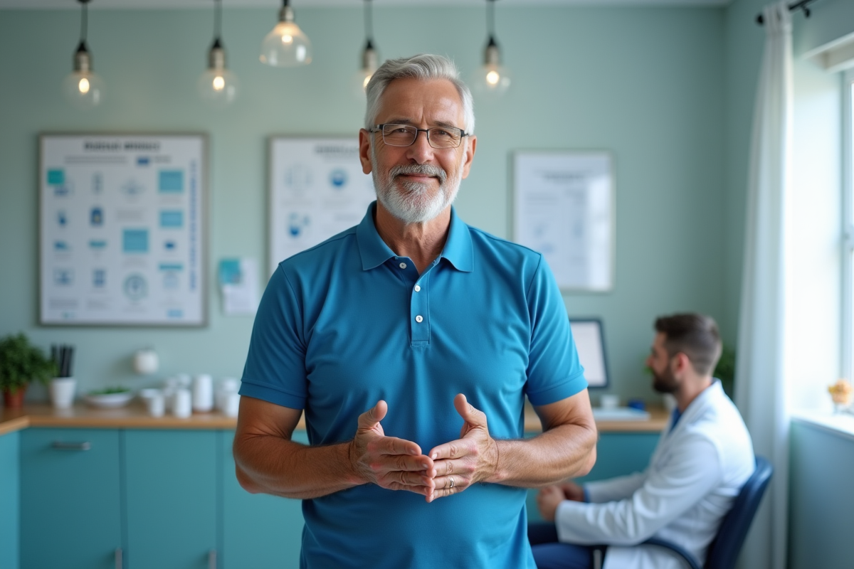 Homme montre ses mains à un professionnel de santé en clinique