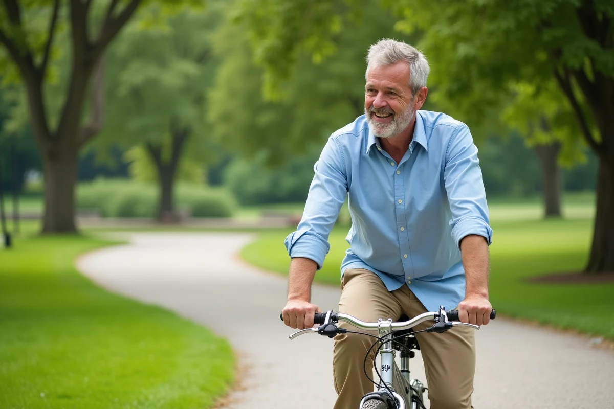 Homme à vélo dans un parc verdoyant en plein air
