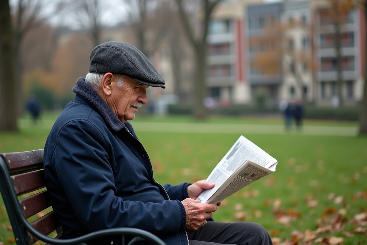 Homme âgé lisant un journal sur un banc dans un parc
