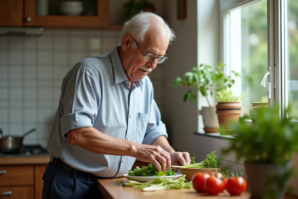 Homme âgé préparant une salade dans la cuisine