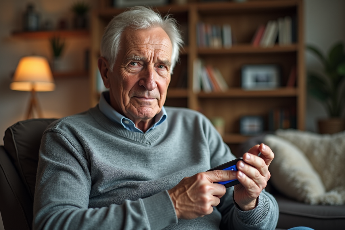 Homme âgé utilisant un oxymètre dans un salon chaleureux