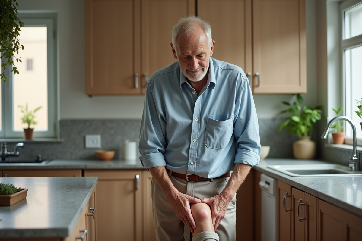 Homme âgé examinant sa cheville gonfle dans une cuisine moderne