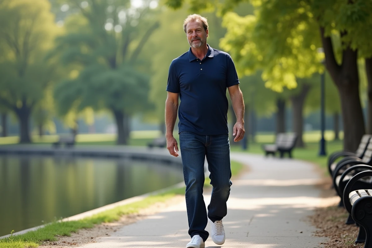 Homme d'âge moyen se promenant sur un chemin de parc au bord de l'eau dans le cadre d'un objectif de marche quotidienne