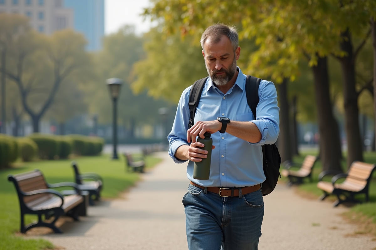 Homme en ville marchant dans un parc matinal