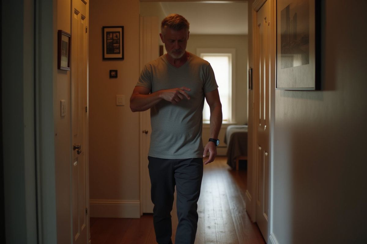 Homme vérifiant sa montre connectée dans le couloir