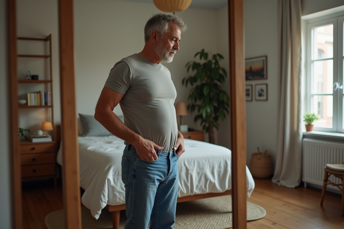 Homme regardant son reflet dans le miroir de la chambre