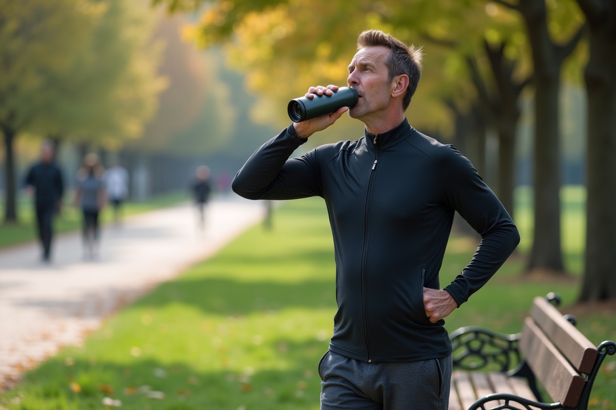 Homme faisant une pause en marchant dans un parc