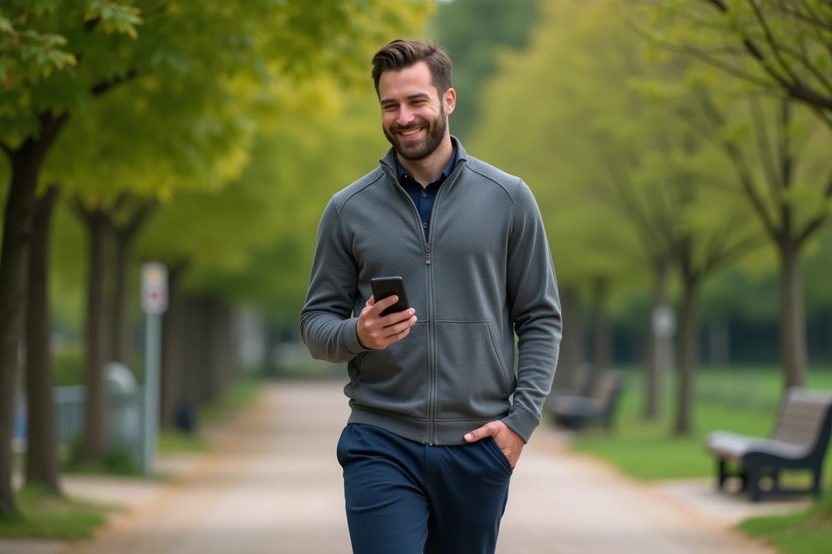 Homme souriant marchant dans un parc urbain avec un smartphone