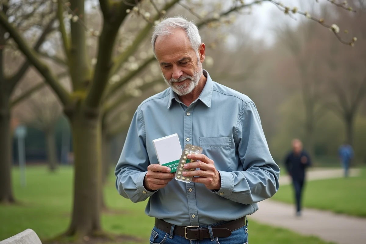Homme regardant une boîte de compléments dans un parc