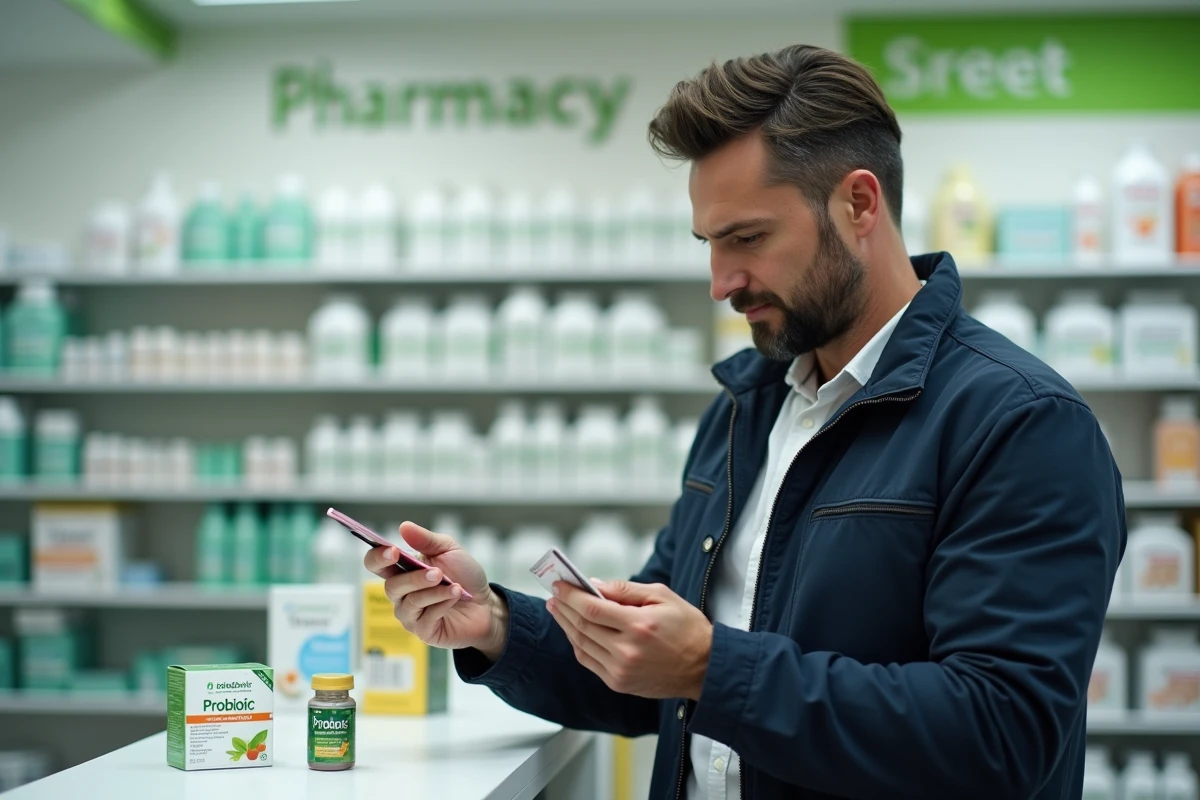 Homme lisant l'étiquette d'une boîte de probiotiques en pharmacie, pour illustrer le choix d'un complément alimentaire contre l'intestin irritable et le stress
