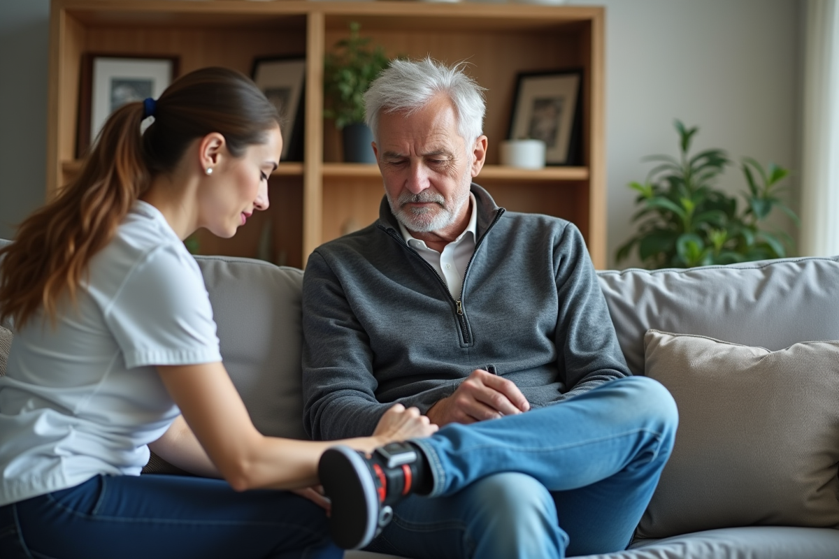 Homme en rééducation avec un kinésithérapeute à la maison