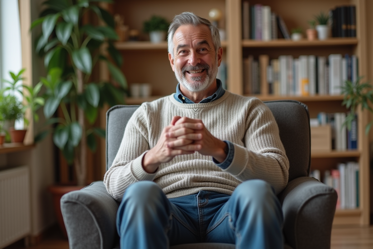 Homme d'âge moyen faisant des exercices de rééducation à la maison