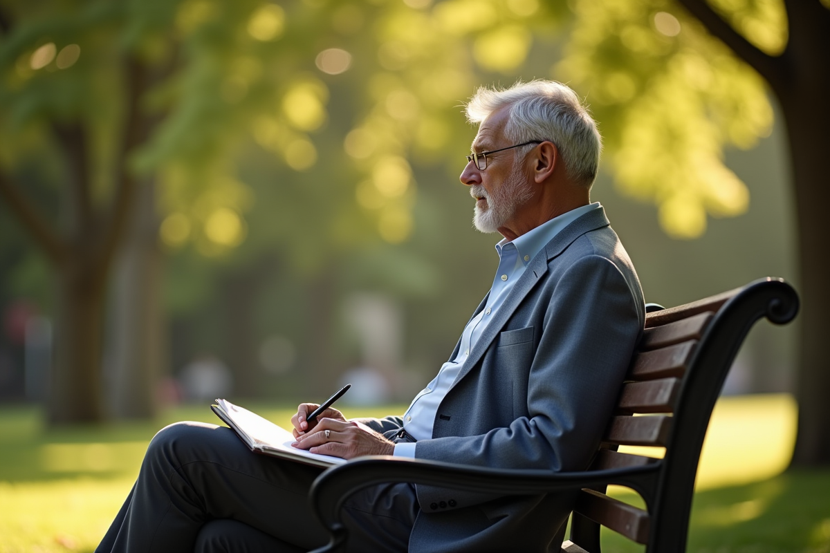 Un homme seul sur un banc de parc en pleine réflexion avec un journal