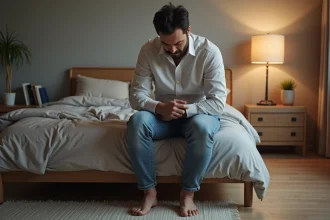 Homme d'âge moyen assis sur un lit moderne avec une expression préoccupée