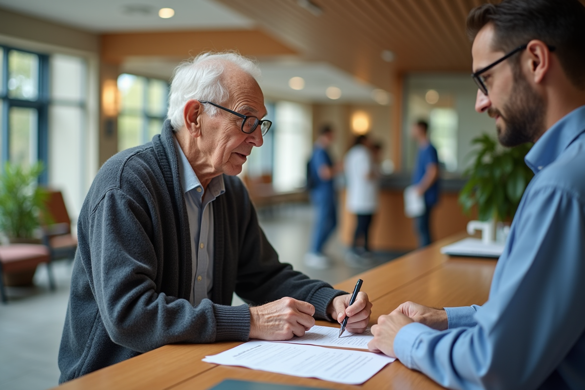 Homme agee signant un formulaire avec un professionnel de santé