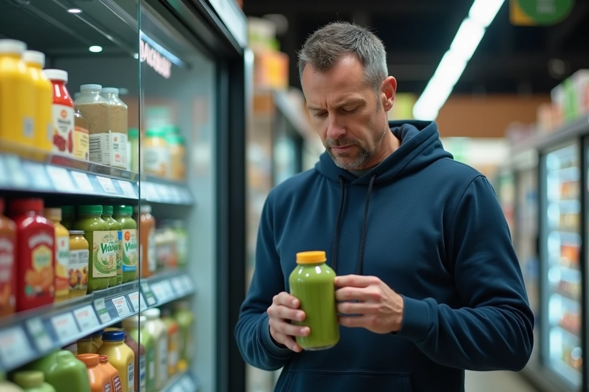 Homme lisant l'étiquette d'un smoothie vert en supermarché, questionnant l'efficacité des coupe-faim naturels
