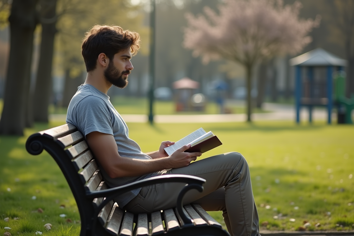 Homme seul sur un banc de parc avec journal en main