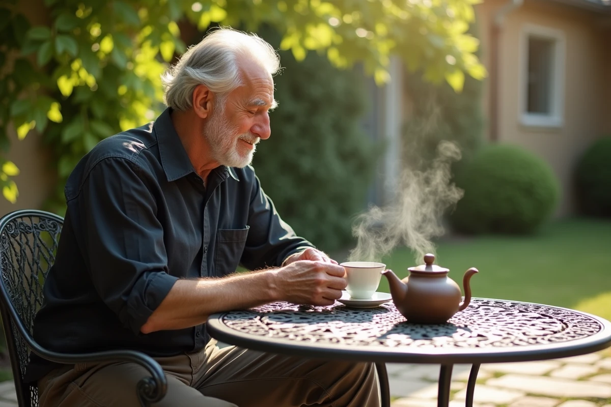 Homme âgé dégustant une tisane de romarin en extérieur