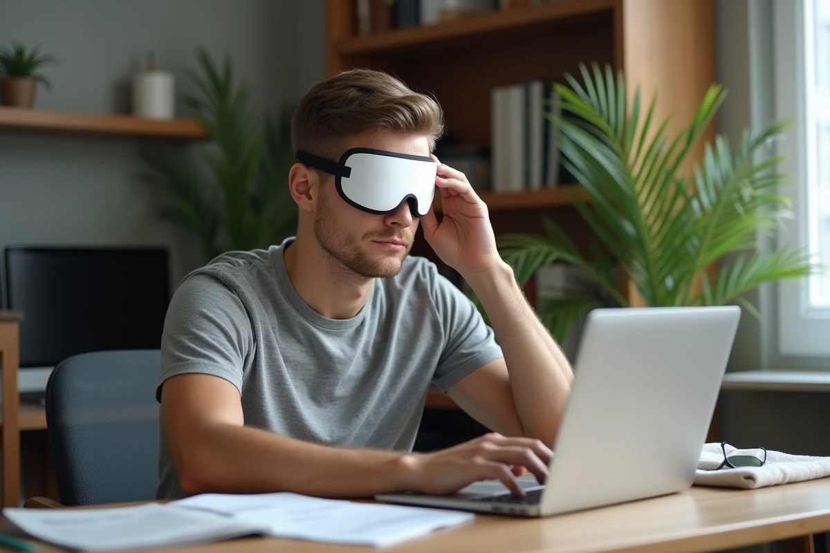 Jeune homme utilisant un masque migraine au bureau
