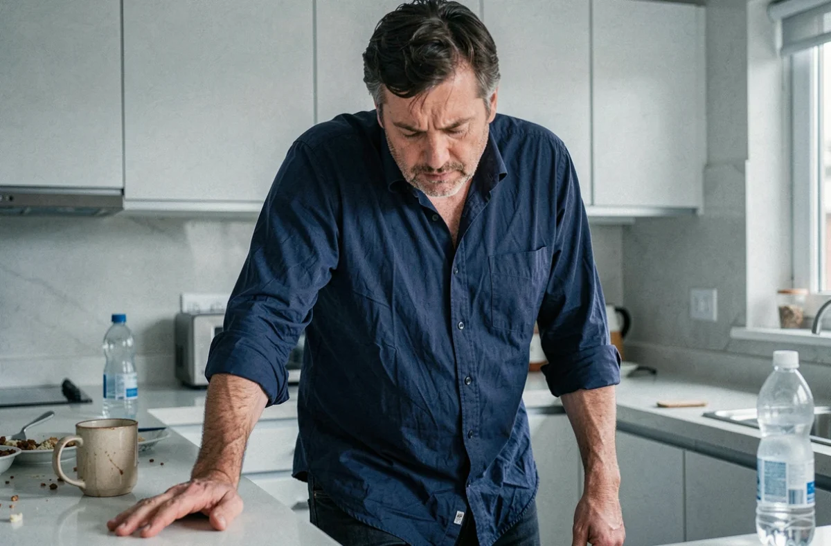 Homme d'âge moyen appuyé sur le plan de travail de sa cuisine en fin de journée, exprimant une sensation de vertige et de fatigue chronique