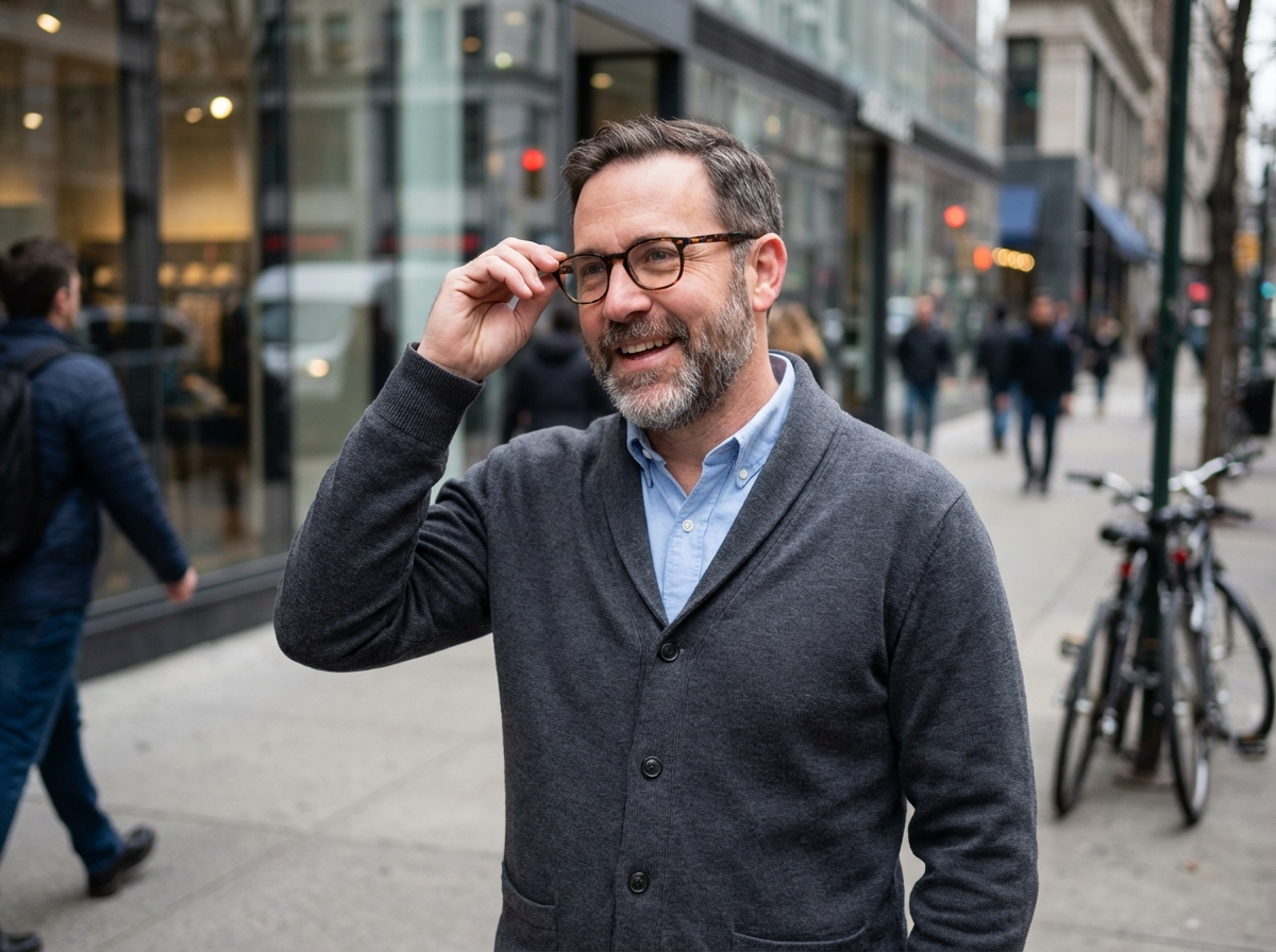 Homme ajustant ses lunettes dans une rue urbaine animée