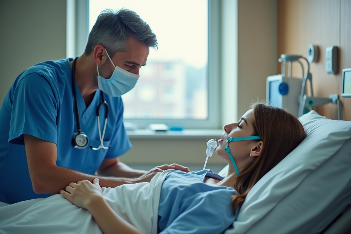 Infirmier en blouse bleue surveillant une jeune patiente à l'hôpital