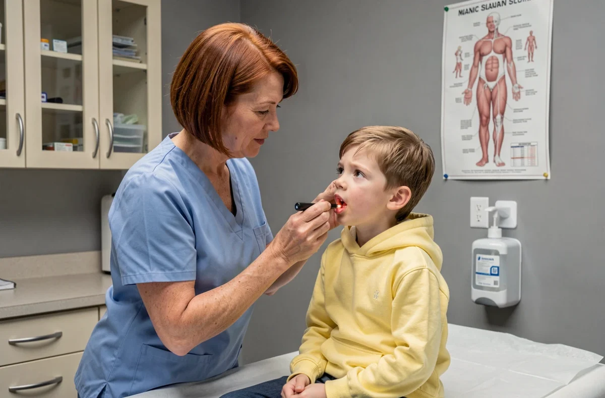 Infirmière pédiatrique examinant un enfant aux urgences après ingestion de baies sauvages