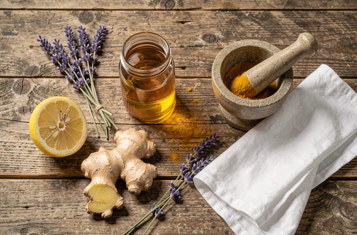 Ingrédients naturels pour soulager une épine calcanéenne à la maison posés sur une table en bois