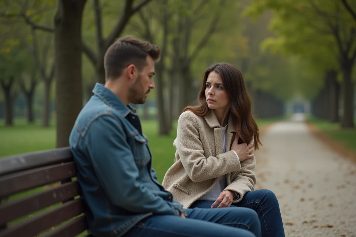 Femme affirmant avec assurance à son partenaire bipolaire qu'elle sait exactement ce qu'il ressent, sur un banc de parc