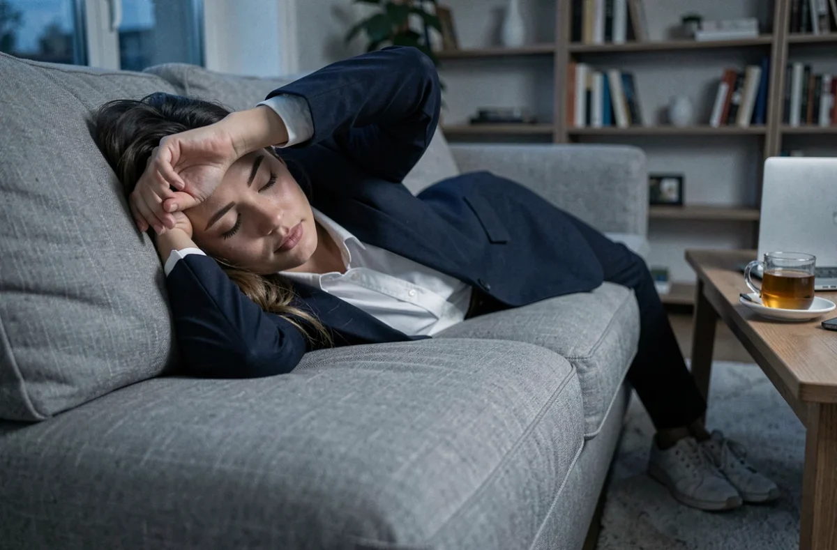 Jeune femme allongée sur un canapé en fin de journée avec le bras sur le front, illustrant la fatigue, la tête lourde et les vertiges en lien avec le mode de vie