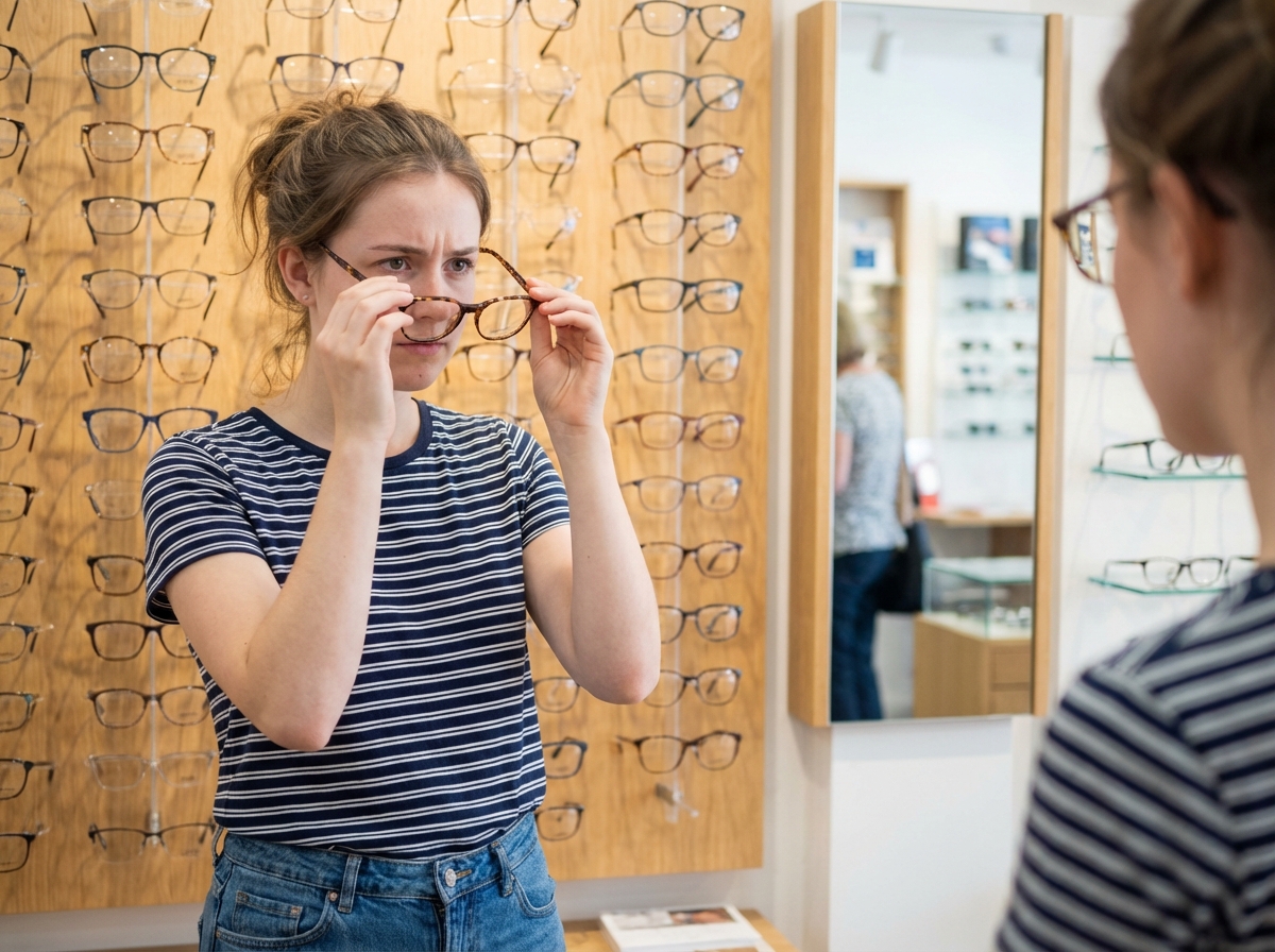 Jeune femme essayant des lunettes dans un magasin d'optique