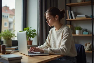 Jeune femme concentrée sur son ordinateur dans un bureau cosy