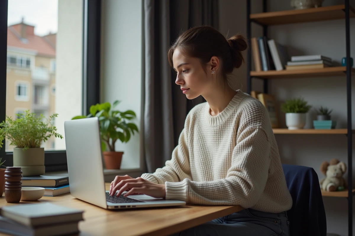 Jeune femme concentrée sur son ordinateur dans un bureau cosy