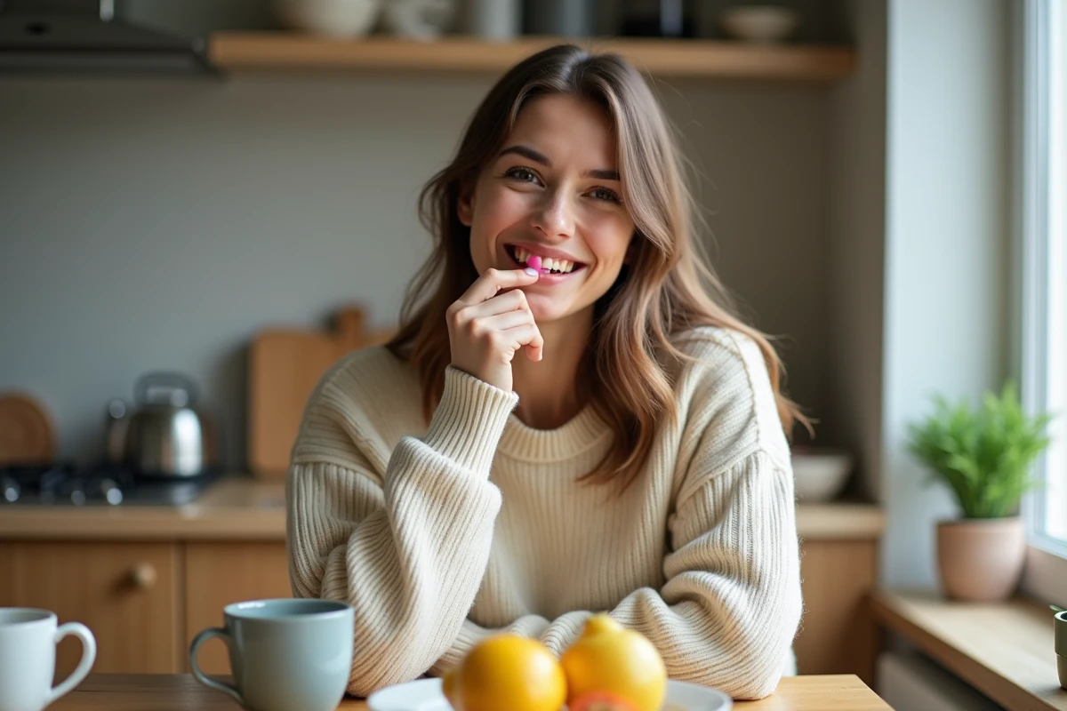 Jeune femme appliquant un baume à lèvres dans la cuisine