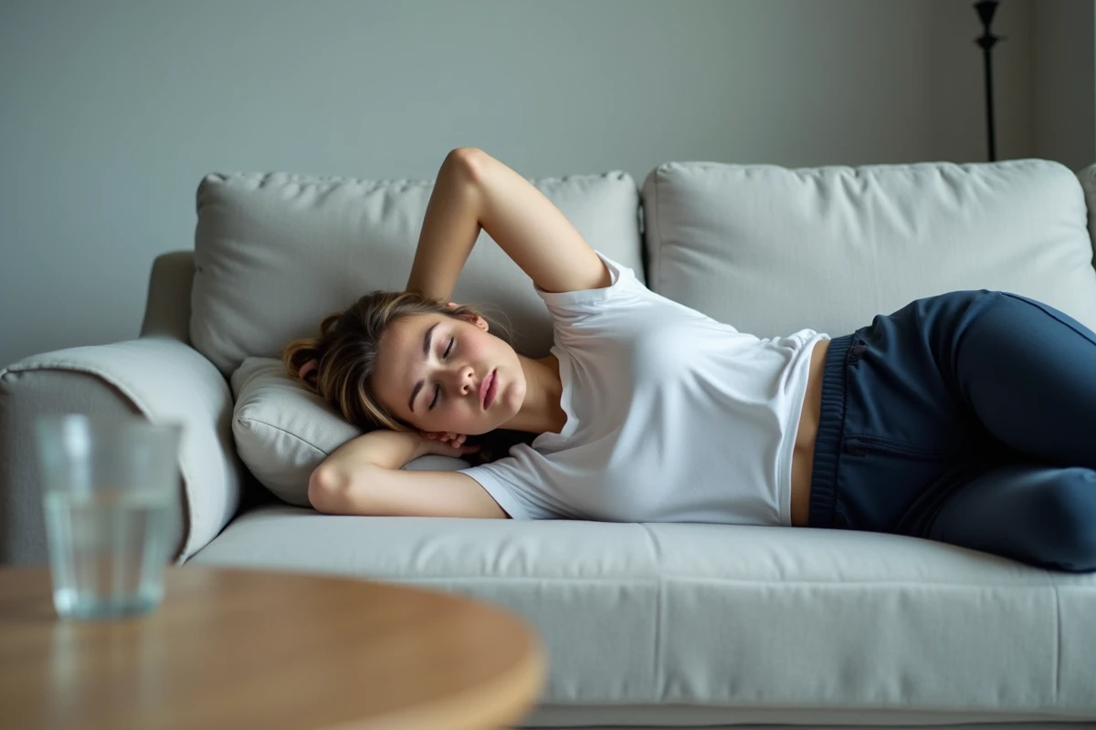 Jeune femme allongée sur un canapé avec un mal de tête sévère, bras sur les yeux, verre d'eau en premier plan