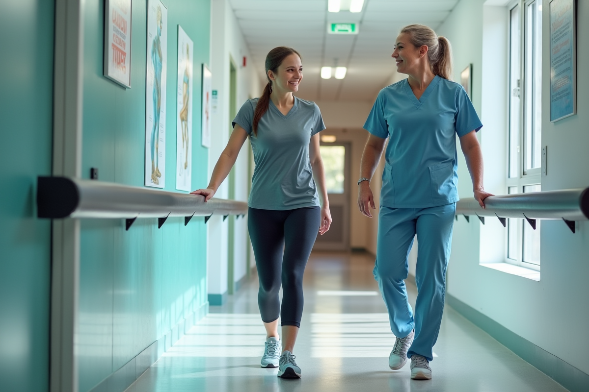 Jeune femme en rééducation dans un couloir moderne avec thérapeute