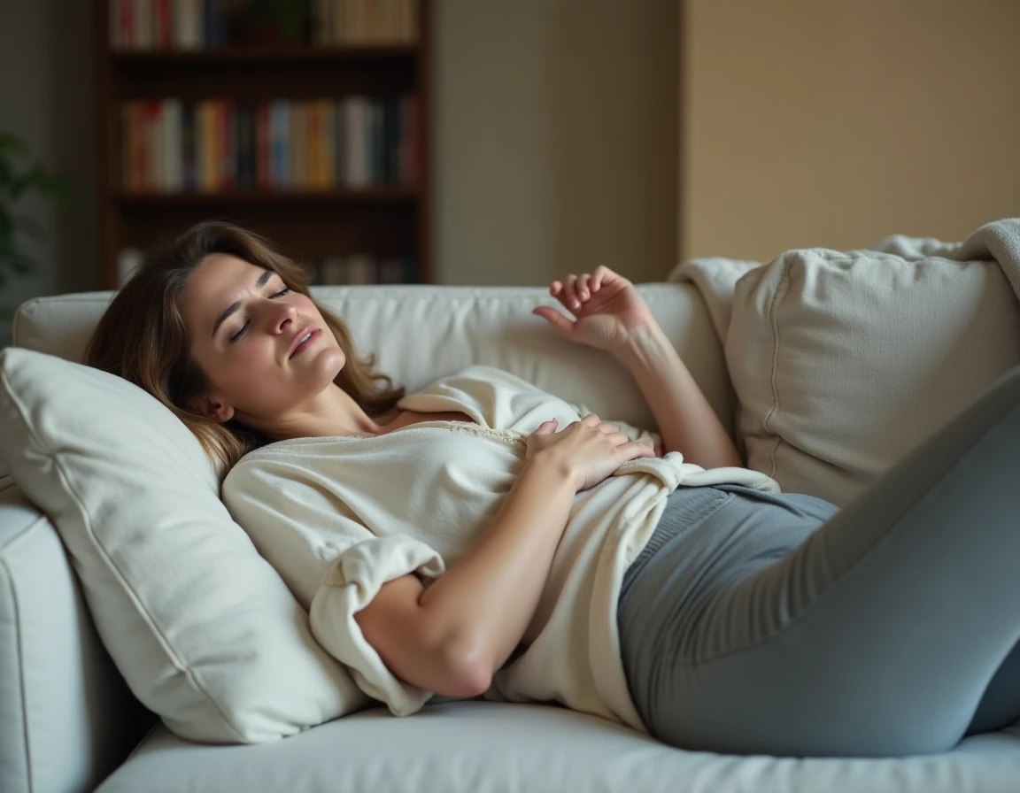 Jeune femme allongée sur un canapé ressentant des fourmillements et des vibrations corporelles internes liés à une possible atteinte nerveuse