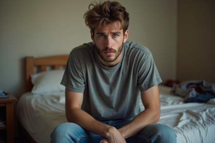 Jeune homme assis sur le lit dans un appartement modeste