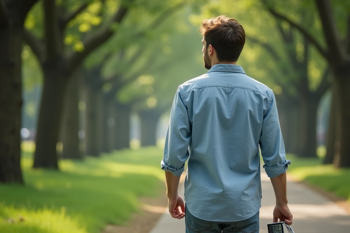 Jeune homme marche dans un parc verdoyant avec carnet