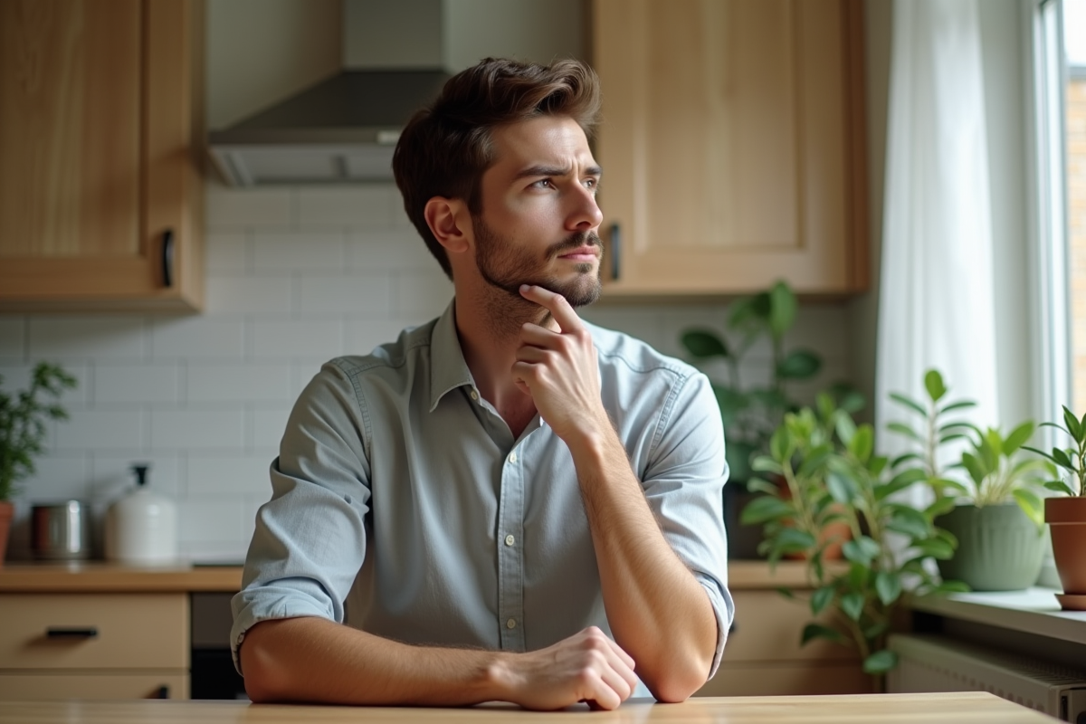 Jeune homme dans sa cuisine se tenant la mâchoire