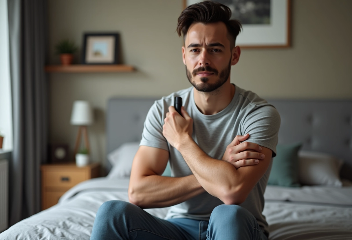 Jeune homme appliquant un déodorant dans sa chambre