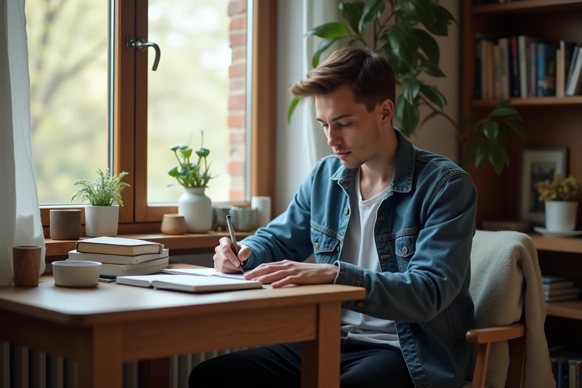 Jeune homme écrivant dans un journal à la maison