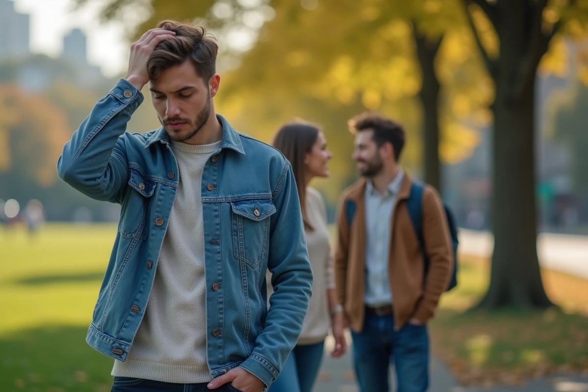 Jeune homme frustré dans un parc avec amis