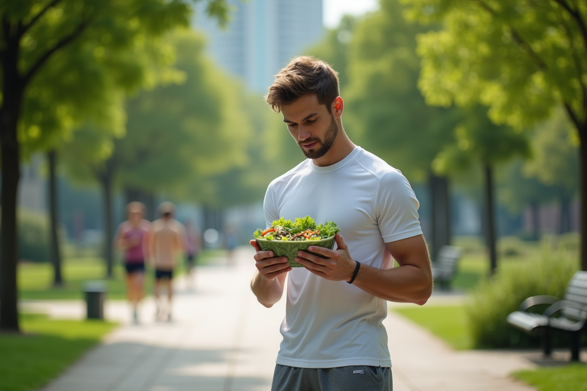 Jeune homme dans un parc avec salade et étiquette