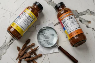 Bouteilles de jus de tamarin industriel avec étiquettes d'ingrédients examinées à la loupe sur un comptoir en marbre