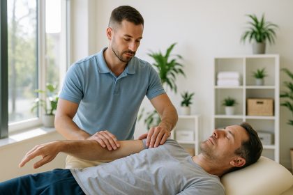 Photo hyperrealiste d'un kinésithérapeute guidant un adulte détendu dans une salle lumineuse